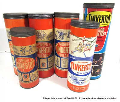 LOT 6 VINTAGE Wonder TINKER-TOY CANISTERS W/ BUILDING SET PIECES Wood • $45