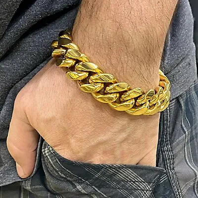 Mens 24k Gold Plated Miami Cuban Link Bracelet 316L Stainless Steel 8.5  20MM • $39.95