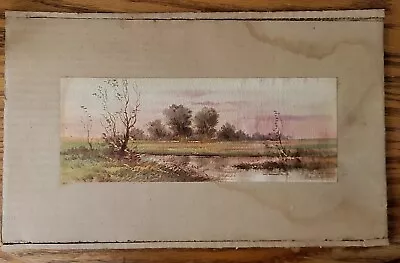 Vintage Landscape Swamp Pond Sunset Watercolor Painting 10.75 ×4  • $17.50