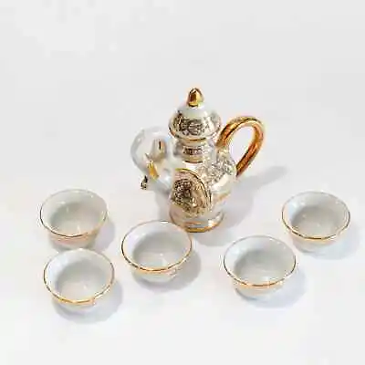 Decorative Mini Elephant Shaped Teapot With Lid 5 Tea Cups Gold Thailand • $25