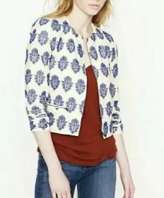 J. Crew Filigree Embroidered Crop Collarless Jacket Ivory Blue Size 2 • $29.39