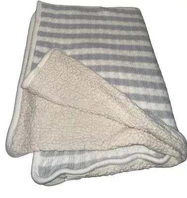 Pottery Barn Kids Cable Knit Cream Sherpa Fleece Gray Stripe Throw Blanket • £20.48