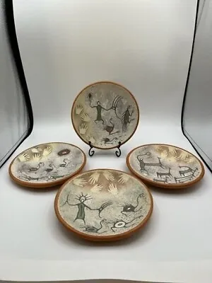 Red Clay Pottery Set Of 4 Signed Cruz Wall Mount Plates 8  Round No Damage • $25.50