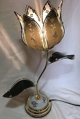 VTG Mid Century Lotus Table Lamp Glass Petals Hollywood Regency 4 Way Black HTF! • $99.99