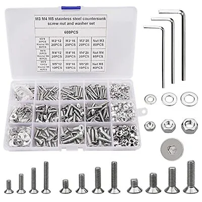£21.99 • Buy 600Pcs M3 M4 M5 Countersunk Bolts Nuts And Washers Set, 304 Stainless Steel Flat