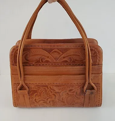 Vintage Flores' Bags Hand-Tooled Brown Leather Made In Mexico 12.5  X 10  READ • $24.98