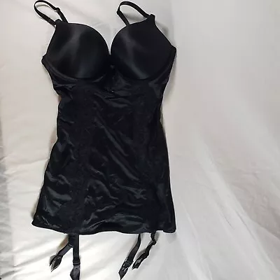 Victoria's Secret 34C Bombshell Garter Slip Merrywidow Black Lace Satin • $74.99