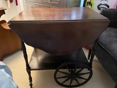 Antique Wheeled Drop Scalloped Leaf Mahogany Tea Cart Made In USA  • $150