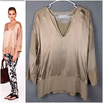 MALENE BIRGER Womens 100% Silk 34 Gold Shikha Tunic Top Lagenlook Chiffon V-Neck • $49.99