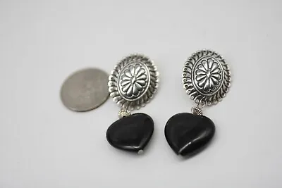 Quoc QT Southwestern Sterling Silver BLACK ONYX Heart Dangle Earrings R13 • $29.99
