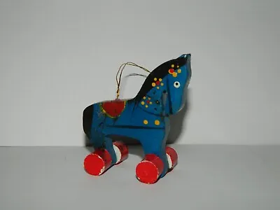 VTG Vintage Wood Blue Hobby Horse On Wheels Christmas Tree Ornament • $2.95