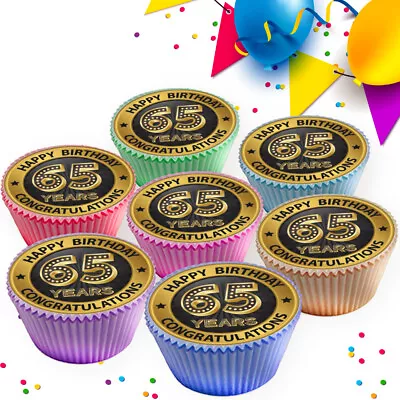 Happy 65th Birthday Party Black And Gold Edible Cupcake Topper Decoration Kd009 • £2.99