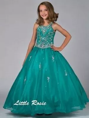 NEW* Little Rosie Girls Glitz Long National Pageant Dress LR2035 Jade 6 $600 • $337.50