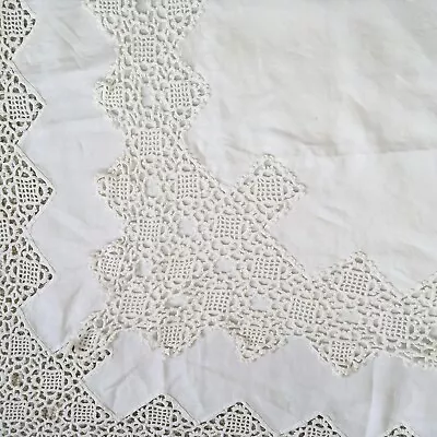 Vintage Linen Lace Edged Tablecloth Handmade Square 96x96cm Antique • £19.99