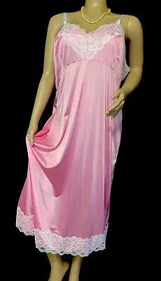$49.99 • Buy 42 44 Long Tall Vintage Pink Silky Nylon Full Dress Slip Chantilly Lace