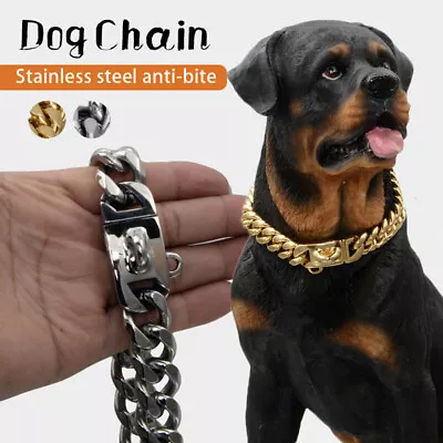 Heavy Duty Dog Choke Chain Collar Stainless Steel Metal Necklace Cuban Link Gold • £17.99