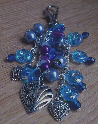 Hand-made Handbag Charm/keyring- Blue AB Daisy/heart -girls/ladies • £2.99