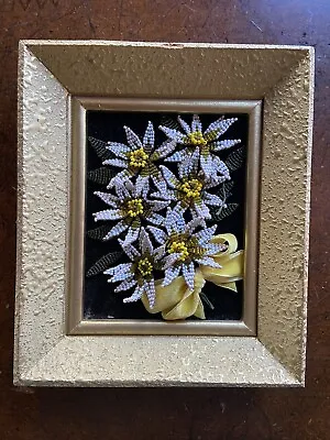 VINTAGE BEADED FLOWERS YELLOW & White Framed California Mexico 1971 • $25