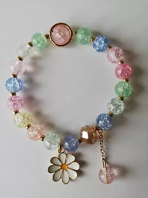 £2.99 • Buy Girls / Ladies Multi Crackle Glass Beaded Bracelet With Daisy Flower Charm 
