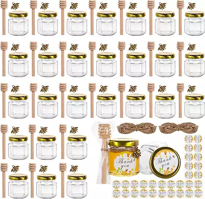 1.5 Oz Hexagon Mini Glass Honey Jars With Wood Dippers30 Pack Small Honey Jars • $26.45