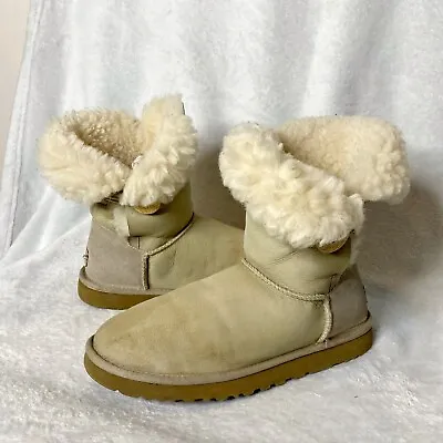 UGG Bailey Button Fold Over White Sand Tan Shearling Boots Women’s Size 8  • $46