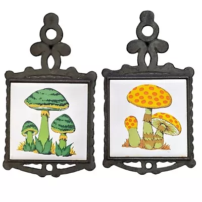 Vintage Mushrooms Iron Metal Trivet Mid-Century Modern Set Of 2 Retro Kitchen • $28.97