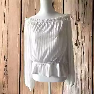 H&M Ribbed Off The Shoulder Long Sleeve Knit Blouse White Stretch Elastic Waist • $13.95