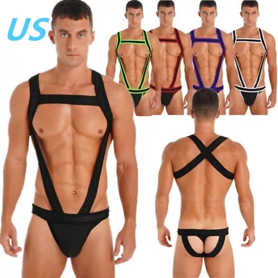 US Men One-Piece Jockstrap Bodysuit Elastic Suspender Leotard Wrestling Singlet • $8.58