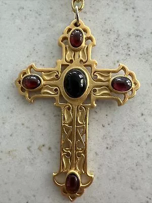 Arts And Crafts Style Cross Pendant  Cabochons CMA Reproduction 29” Long • $15.95