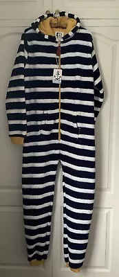 LAZY JACKS Hooded 'Snug' Fleece Jumpsuit  Sz 13/14 Navy White Stripes BNWT • £30