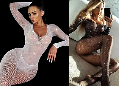 Fishnet Sparkle Rhinestone Bodysuit Bodystocking Mesh Body Stockings Lingerie  • £4.99