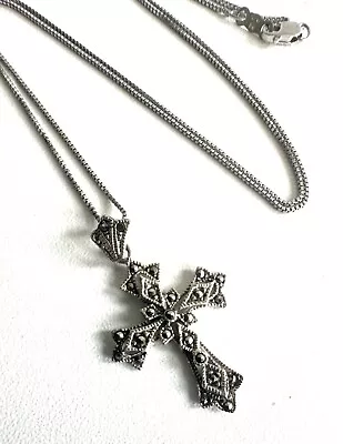 Vintage STYLE Solid Sterling Silver Marcasite Cross Pendant & Chain Necklace • $19.34