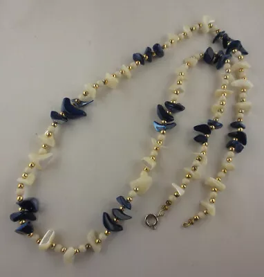 Vintage Goldtone Natural/Navy Blue Mother Of Pearl Cream Glass Bead Necklace • $6.99