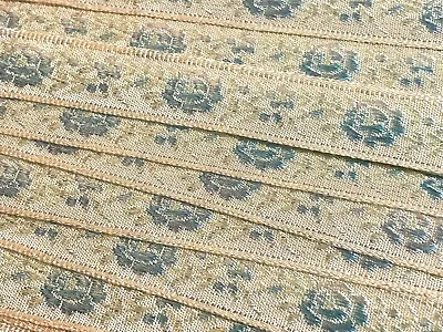 Vintage Embroidered Jacquard Flowers Silk Rayon 1/2  Ribbon Ivory Blue 1y France • $10.95