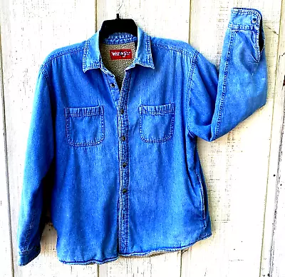 Vintage Wrangler Shacket Men's L Blue Denim Sherpa Lined Button Up Outdoor 90's • $25.88