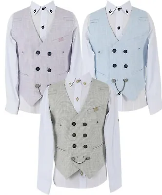 Boys Self Patterned Waistcoat Suit Double Breasted Linen 3 Piece Formal Set • £21.99