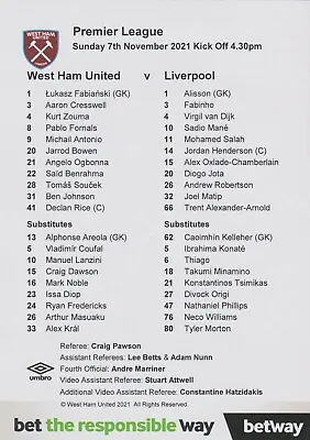 * 2021/22 - West Ham United Home Teamsheets - Choose From List * • £3.99