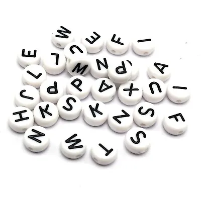 500 White With Black Acrylic Alphabet Letter Coin Beads 4X7mm  A-Z  For Choice • $6.56