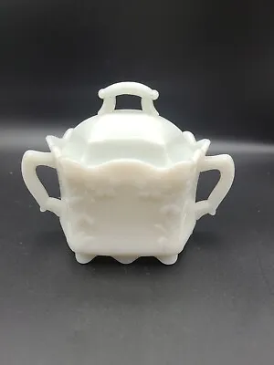 Antique Milk Glass Covered Dish Sugar Double Handled Flower Pressed • $13.50