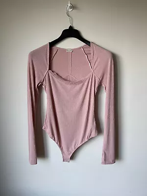 FREE PEOPLE BODYSUIT TOP TEE Pink Jersey Long Sleeve Lace Trim M / UK 12 💖 NEW • £12.71