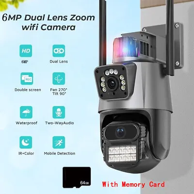 Dual Lens Wifi Camera 6MP 3K Security Cam Video Surveillance Alarm W/Memory Card • £22.99