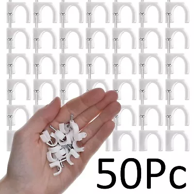 10mm ROUND CABLE CLIPS 50Pc White Wall Tack Cord Wire Tidy Fixing Fastener Clamp • £3.98