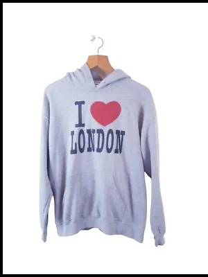 Gildan Heavy Cotton Mens Grey Pullover Hoodie Size M ( I Love London ) • £14.95