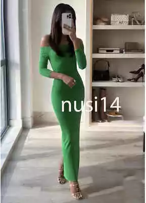 Zara New Woman Fitted Midi Off-the-shoulder Polyamide Dress Green Sml 3905/157 • $33.88