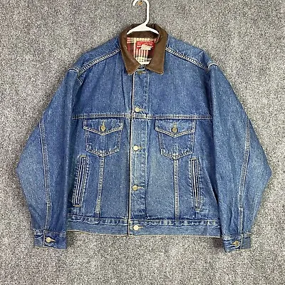 VINTAGE Marlboro Jean Jacket Medium Blue Denim Trucker Button Up Leather Collar • $29.95