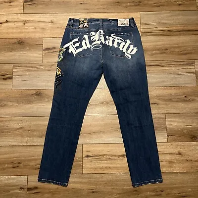 Ed Hardy Slim Fit Denim Jeans SZ 36x32 Blue Embroidered Panther Snake Distressed • $59.99