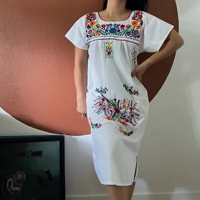 Vintage Mexican Dress White Embroidered Flowers One Size Midi Dress Festival • $66.50