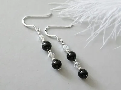 Black Onyx Swarovski Crystals & Sterling Silver Slim Drop Earrings • £12.50