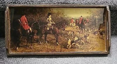 FOX HUNT Wood Tray Horses Equestrian Vintage Wood Handled Glass Top • $29.50