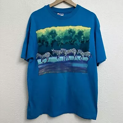 Vintage Zebra Herd 1992 Tee Blue T-Shirt Harlequin USA Made 90s Size Large • $34.88